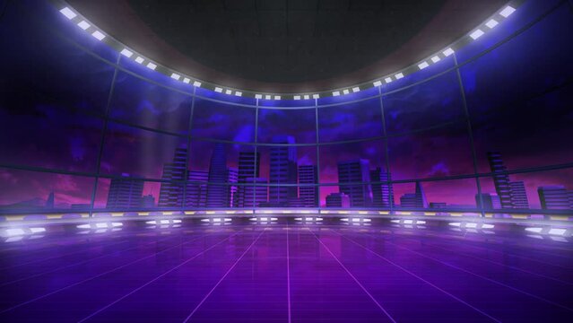 Retro city, purple aesthetic, virtual background, seamless loop. TV backdrop Ideal for game shows, or technology events. 3D motion graphics, suitable on VR tracking systems with green screen