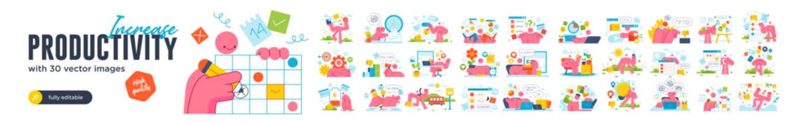 Productive Workflow Organization - Concept illustrations. Collection of scenes with people organizing and improving their workflow and workplace. Vector illustration