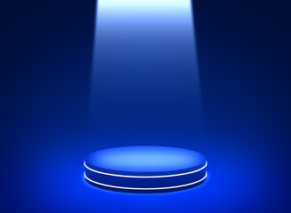 3d blue spotlight neon cylinder podium minimal studio dark background. Abstract 3d geometric shape object illustration render. Display for technology electronic product.