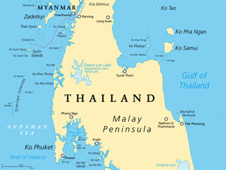 Thailand political map, from Ko Tao and Ko Samui to Phuket and Phi Phi Islands. Travel destinations west and east of Malay Peninsula, off the coast of Thailand, with most important islands and cities. - obrazy, fototapety, plakaty
