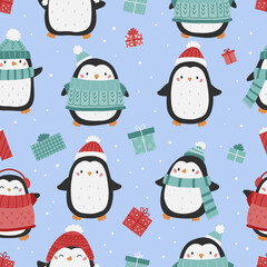 Christmas seamless pattern with cute penguins and presents. Kawaii cartoon birds. Happy New Year background. Penguins in warm clothes. Winter vector illustration.