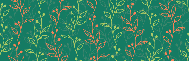 Berry bush twigs hand drawn vector seamless background. Abstract herbal fabric print. Wild plants foliage and bloom illustration. Berry bush branches growing endless design