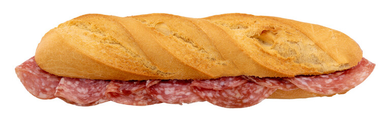 Sandwich mini baguette with salami sausage