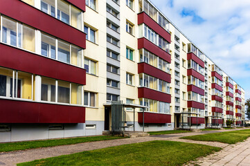 Front view of a renovated old Soviet-era construction building