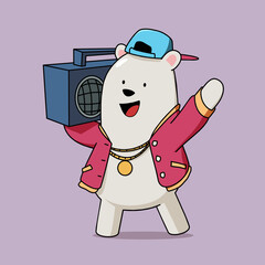 Vector illustration of cartoon bear hiphop, polar bear in hiphop style with jacket, hat and music. Perfect for children illustration and mascot design