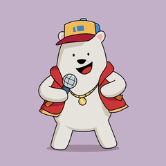 Vector illustration of cartoon bear hiphop, polar bear singing in hiphop style with jacket, golden chain, hat, microphone and music. Perfect for children illustration and mascot design