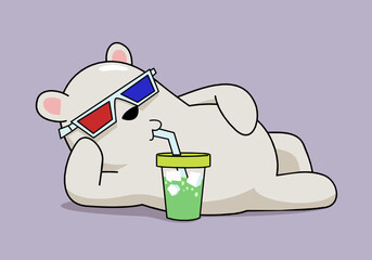 Vector illustration of cartoon polar bear calmly lay down and enjoy drinking with 3d glasses. Perfect for children illustration and mascot design