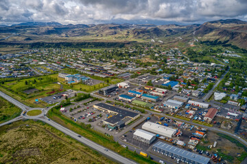 Aerial View of Downtown Hvolsvöllur, Iceland during Summer