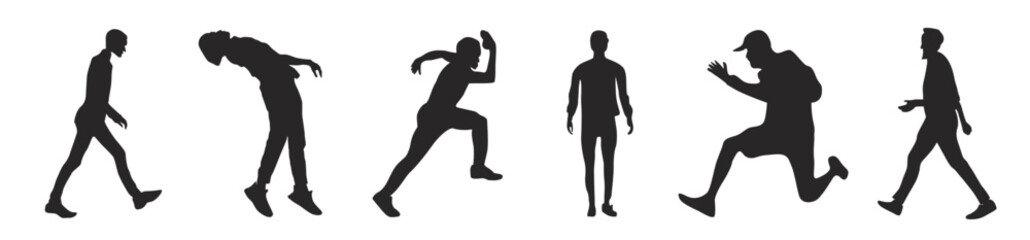 Fototapeta na wymiar men vector silhouettes of standing, running, and walking people, black color isolated on white background