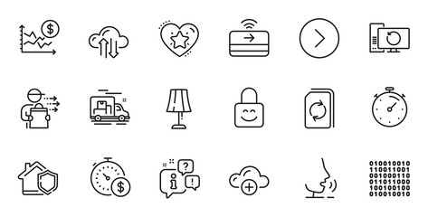 Outline set of Home insurance, Binary code and Contactless payment line icons for web application. Talk, information, delivery truck outline icon. Include Last minute, Forward, Lock icons. Vector