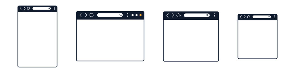 Conjunto de plantillas de la ventana del navegador o página web de distintos tamaños, diseño para computadora, tableta, y celular, estilo azul. Concepto de inicio del navegador. Ilustración vectorial