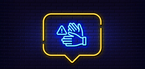 Neon light speech bubble. Dont touch line icon. Hands warning sign. Hygiene notification symbol. Neon light background. Dont touch glow line. Brick wall banner. Vector