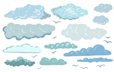 Clouds sky flying hand drawn illustration big set isolated elements on white background blue and gray clouds