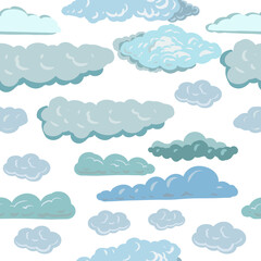 Clouds sky flying hand drawn illustration big set isolated elements on white background blue and gray clouds