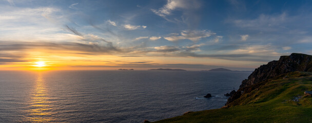 panorama view of the Bray Head cliffs and headland on Valentia Island at sunset