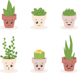 Cute funny succulents. Kawaii home cacti characters in flowerpots set, happy love cactus with flower, houseplants faces emoji stickers collection potted plant vector illustration