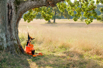 A child in the guise of a witch in a big black hat sits under a huge oak tree trunk with carved...
