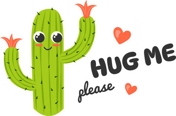 Funny cactus hug. Cartoon comic mexican succulent plant inscription quote, cacti spines free hugs for valentine postcard art or t-shirt print, cool text heart vector illustration
