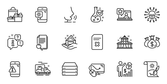 Outline set of Weather phone, Servers and Warning message line icons for web application. Talk, information, delivery truck outline icon. Include Search file, Skin care, Online rating icons. Vector