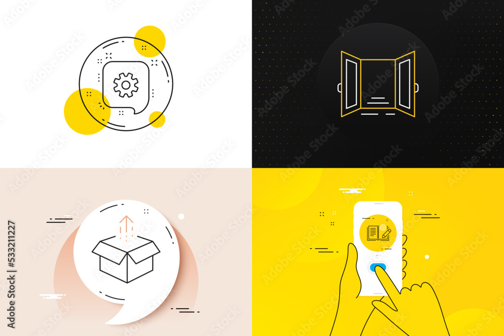 Aufkleber minimal set of cogwheel, engineering documentation and open door line icons. phone screen, quote ban