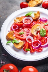 panzanella salad vegetables tomato, dried bread, onion healthy meal food snack diet on the table copy space food background rustic top view