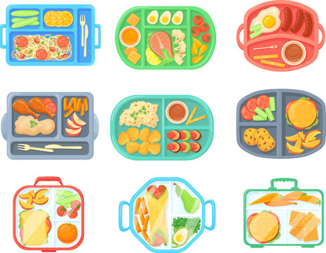 School meal trays. Lunch tray with food cafeteria menu, kid eat breakfast or dinner on convenience lunchbox top view, healthy students meals from canteen, neat vector illustration