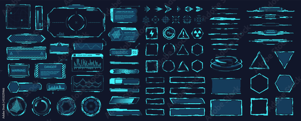 Poster scifi elements. hud screen futuristic science element, mega tech hologram frame chart digital interf