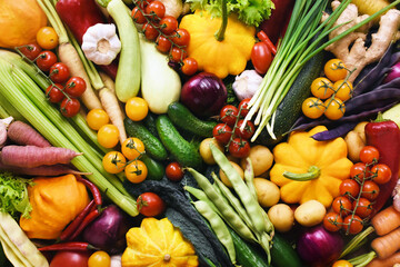 Fresh ripe colorful vegetables from market, summer or autumn farm harvest background, healthy diet vegetarian food