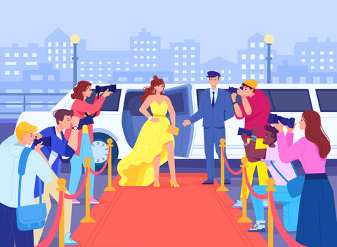 Celebrity photographer. Famous hollywood actress on red carpet in camera paparazzi, american movie star at limousine car, fashion lifestyle oscar event, swanky vector illustration