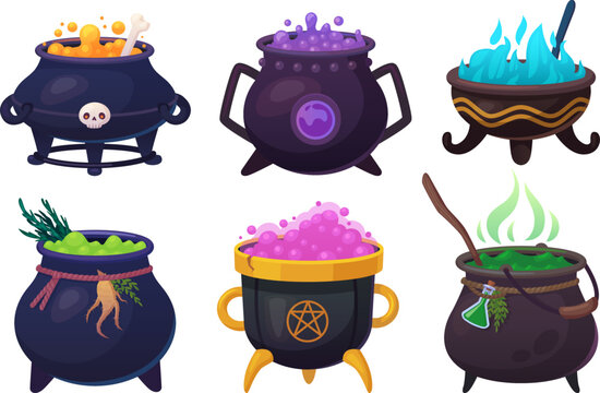 Witchs boiling cauldrons. Halloween smoke boiler, witch cauldron for cooking brew magic potion, wizards pot with purple bubble liquid soup or broth, ingenious vector illustration