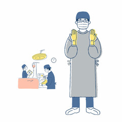 手術着の外科医師と手術シーン