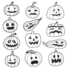 Set of pumpkins with different facial expressions. Collection of festive pumpkins with carved eyes, mouths, noses. Evil face, smiling, screaming, frightening. Cute pumpkins for poster, banner design