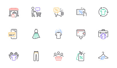 Change clothes, Hold t-shirt and Businessman case line icons for website, printing. Collection of Online shopping, Wallet, Dry t-shirt icons. Discount tags, Discounts offer. Vector
