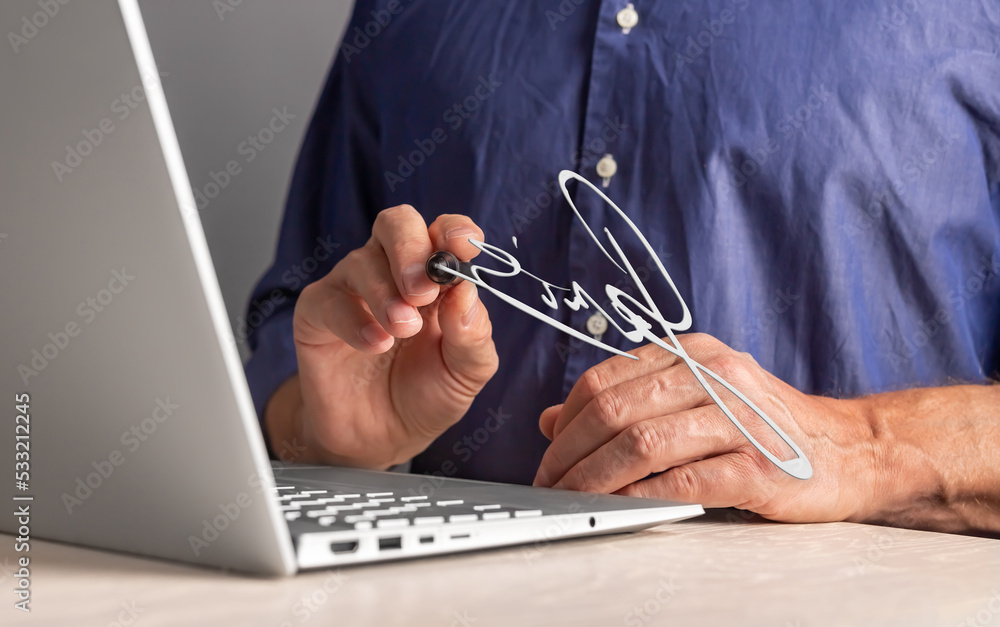 Poster Digital signature concept. Signing e-document online via internet using laptop and stylus. High quality photo