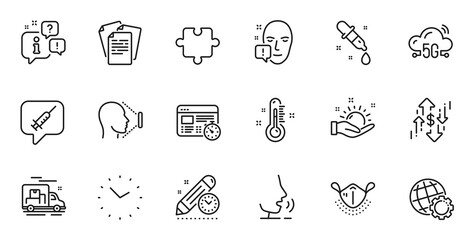 Outline set of Sunny weather, 5g cloud and Vaccine message line icons for web application. Talk, information, delivery truck outline icon. Include Time, Web timer, Globe icons. Vector