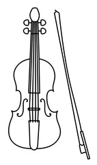 Musical instrument line sketch. Violin or viola with bow. Outline black and white illustration