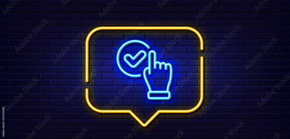 Aufkleber neon light speech bubble. checkbox line icon. approve sign. confirmed click symbol. neon light backg