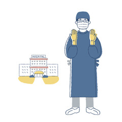 手術着の外科医師と病院