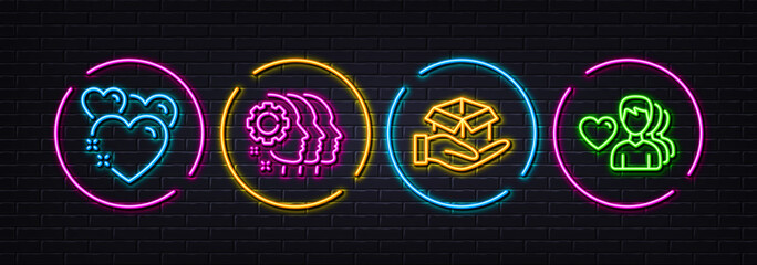 Heart, Employees teamwork and Hold box minimal line icons. Neon laser 3d lights. Man love icons. For web, application, printing. Love, Collaboration, Delivery parcel. Romantic people. Vector