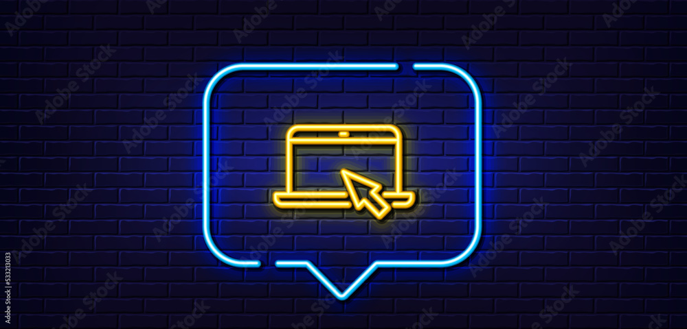 Poster neon light speech bubble. laptop computer icon. notebook with mouse cursor sign. portable personal c