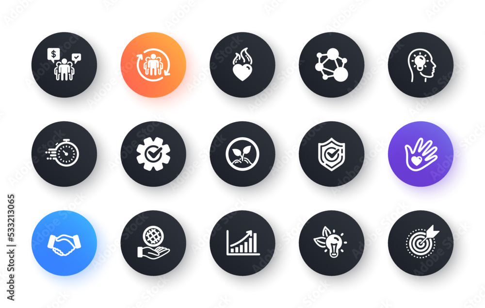 Poster core values icons. integrity, target purpose and strategy. trust handshake, social responsibility, c