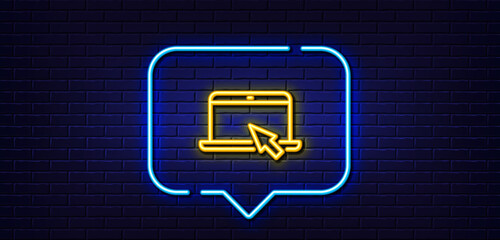 Neon light speech bubble. Laptop computer icon. Notebook with mouse cursor sign. Portable personal computer symbol. Neon light background. Portable computer glow line. Brick wall banner. Vector