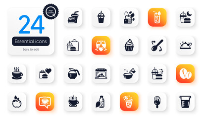 Set of Food and drink flat icons. Coffee cocktail, Eco food and Coffeepot elements for web application. Coffee cup, Cooking spoon, Wedding glasses icons. Cupcake, Food donation. Vector