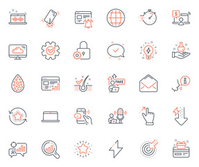 Technology icons set. Included icon as Mail, Timer and Web report web elements. Music making, Energy drops, Touchscreen gesture icons. Chemistry lab, Online shopping, Fake internet web signs. Vector
