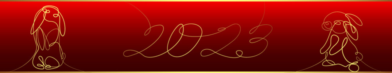 New year banner with stylized number 2023 and bunnies on a red background. Vector illustration for the New Year. Symbol of 2023 according to the eastern horoscope