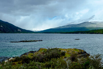 View of Lake Acigami in Tierra del Fuego national park, Ushuaia. This wilderness lies at the border of Argentina and Chile.