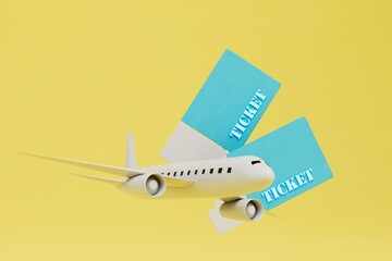 the concept of buying plane tickets. plane and tickets for it on a yellow background. 3D render