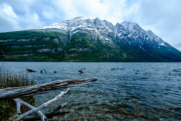 A dead tree branch lies on the shore of Lake Acigami in Tierra del Fuego National Park in Argentina.