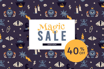 Magic sale 40 p.c. off banner template, cartoon style. Discount promotion layout poster for web or social media, advertising, leaflets and flyers. Trendy vector illustration, hand drawn, flat.