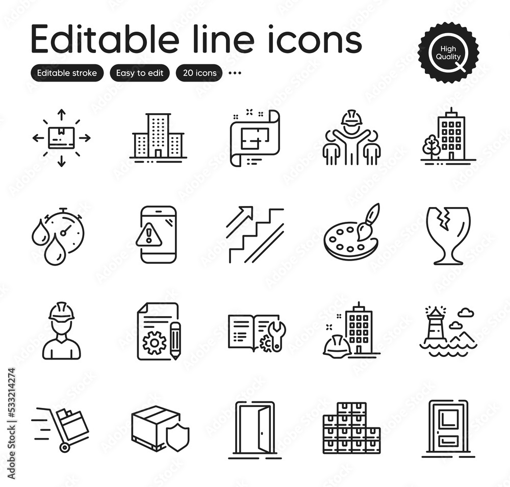 Poster set of industrial outline icons. contains icons as push cart, architectural plan and engineering doc